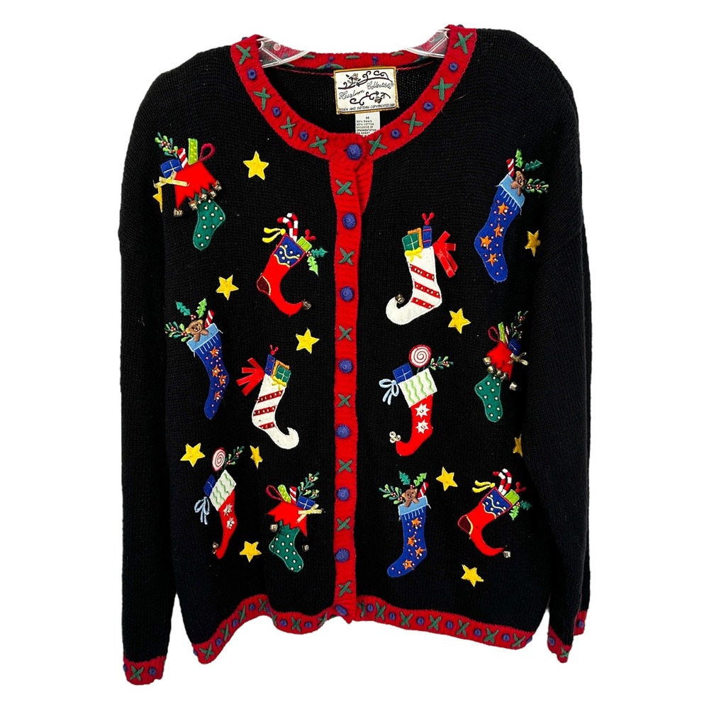 Heirloom Collectibles Medium Christmas Sweater Ugly Holiday Cardigan‎ Black 1708